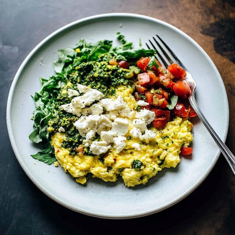 Goat Cheese Scrambled Eggs with Pesto Veggies Recipe