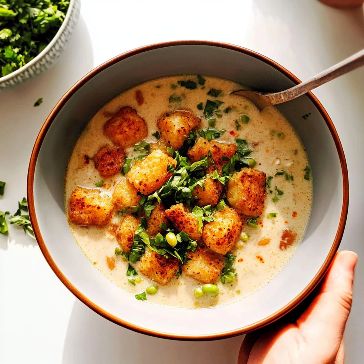 Spicy White Chicken Soup with Seasoned Tots Recipe