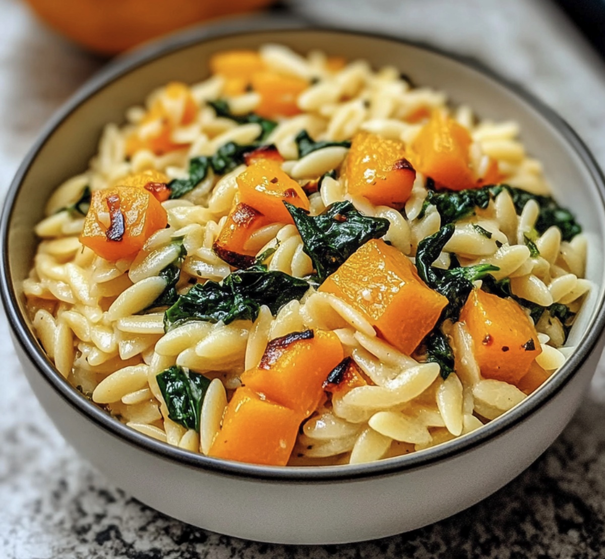 Cozy Orzo with Roasted Butternut Squash and Spinach Recipe