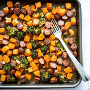 Sheet Pan Sausage and Sweet Potatoes with Honey Garlic Sauce Recipe
