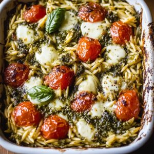 Cheesy Caprese Pesto Orzo Bake Recipe
