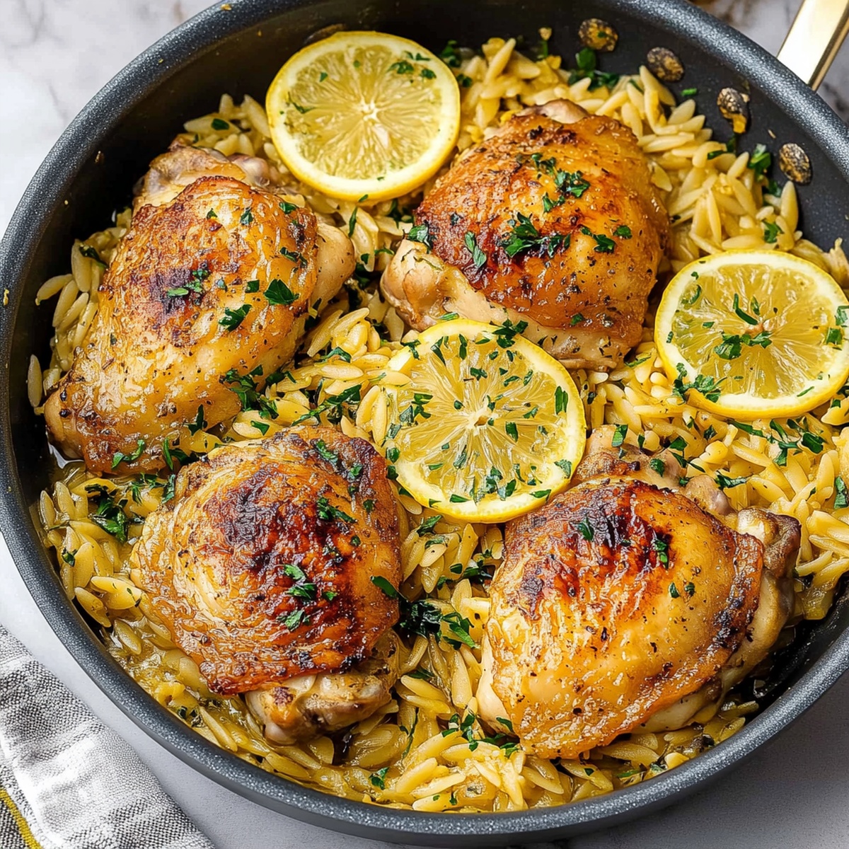 One Pan Lemon Garlic Chicken Thighs with Orzo Recipe