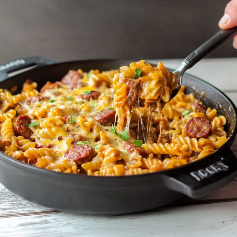 Hearty One Pot Cheesy Smoked Sausage Pasta Skillet Recipe