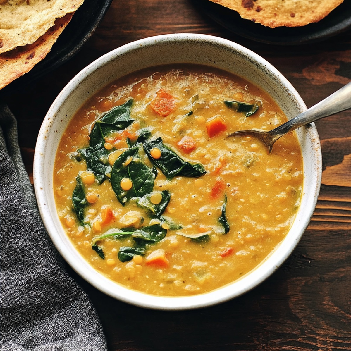 Smoky Red Lentil Soup with Spinach Recipe